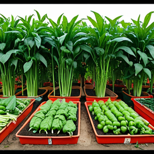 ** A vibrant home garden in Malaysia, featuring a variety of vegetables like "kangkung," "sawi," tomatoes, and chilies, grown in neat rows. Some plants are thriving while others show signs of damage due to unpredictable weather. A calendar hangs nearby with planting schedules marked.

**