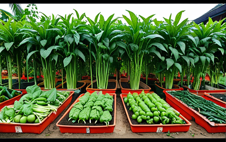 ** A vibrant home garden in Malaysia, featuring a variety of vegetables like "kangkung," "sawi," tomatoes, and chilies, grown in neat rows. Some plants are thriving while others show signs of damage due to unpredictable weather. A calendar hangs nearby with planting schedules marked.

**