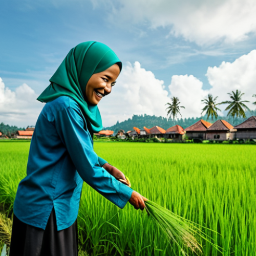 **

A Malaysian farmer, fully clothed in modest farm attire (long sleeves, pants, head covering if applicable), smiling while examining healthy paddy plants in a lush green rice field. In the background, a traditional Malaysian village scene with houses and trees. Sunlight filtering through the clouds. Focus on the farmer's face and hands. Safe for work, appropriate content, family-friendly, perfect anatomy, natural pose, professional photography, high quality.

**