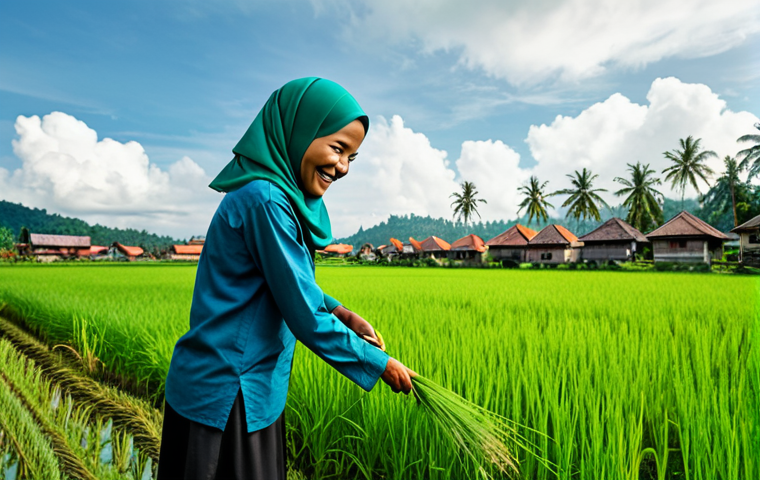 **

A Malaysian farmer, fully clothed in modest farm attire (long sleeves, pants, head covering if applicable), smiling while examining healthy paddy plants in a lush green rice field. In the background, a traditional Malaysian village scene with houses and trees. Sunlight filtering through the clouds. Focus on the farmer's face and hands. Safe for work, appropriate content, family-friendly, perfect anatomy, natural pose, professional photography, high quality.

**